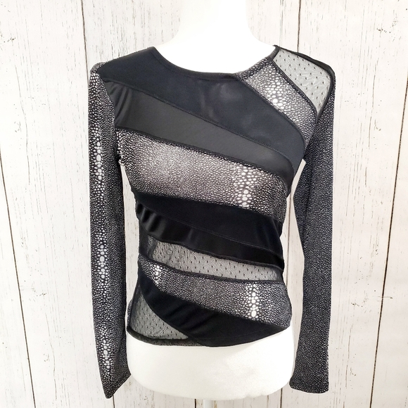 Kenneth Cole Sheer Mesh Black Patchwork Top - Picture 2 of 10
